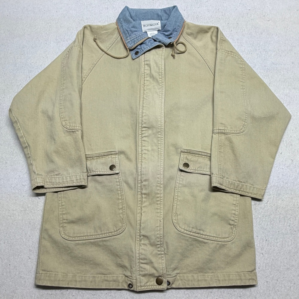 Vintage Stonybrook Tan Canvas Chore‎ Barn Jacket Denim Collar Size Small 90s